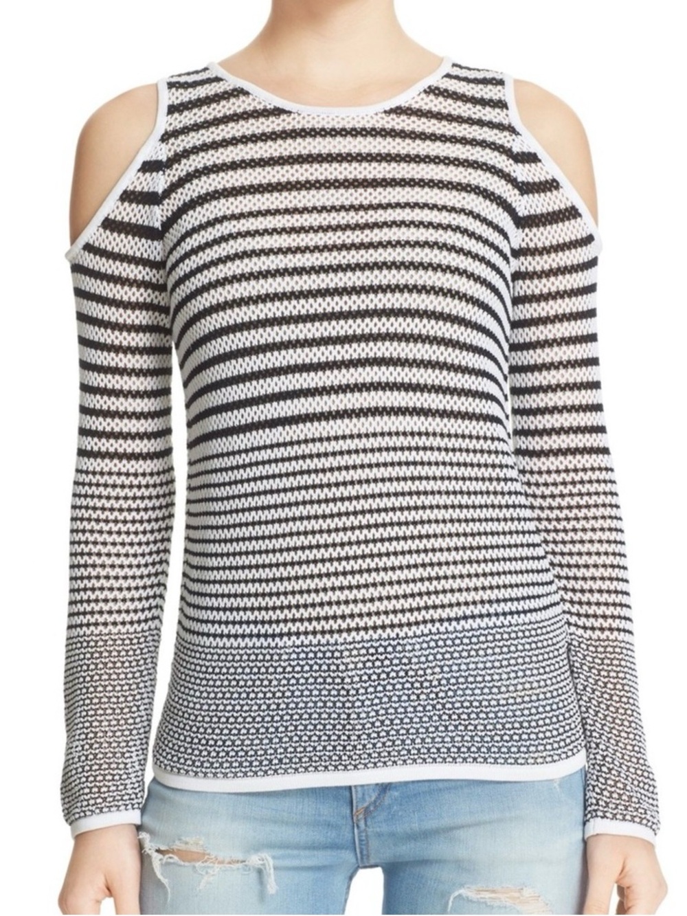 rag & bone Quinn Striped Cotton Mesh Cold-Shoulder Pullover Sweater - Size Med